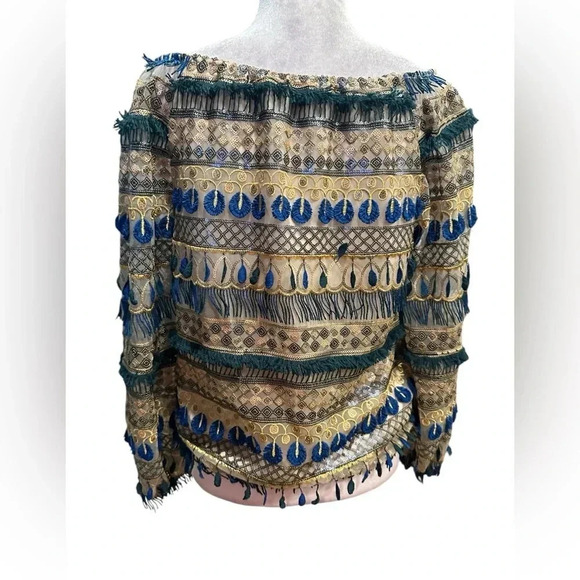 Alice + Olivia Mixed Media Boho Beaded Fringe Blouse size S - Picture 7 of 16